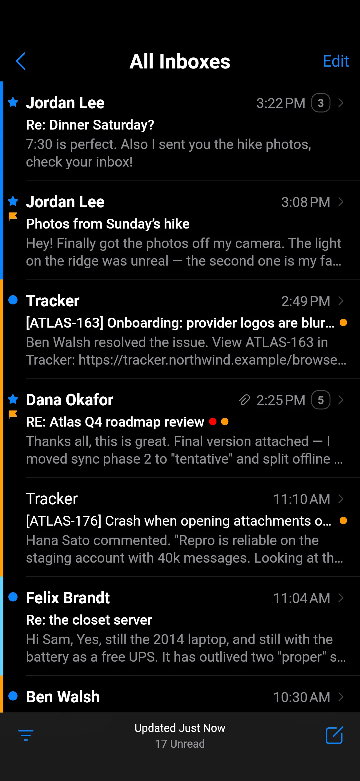 Loupe's All Inboxes list in light mode. Rows from Jordan Lee (Re: Dinner Saturday?, Photos from Sunday’s hike), Tracker, Dana Okafor (RE: Atlas Q4 roadmap review), Felix Brandt and Ben Walsh, each with sender, time, subject and a two-line preview; blue unread dots, VIP stars, orange flags, thread counts and blue, orange and teal account stripes down the left edge. A bottom bar reads Updated Just Now, 17 Unread.