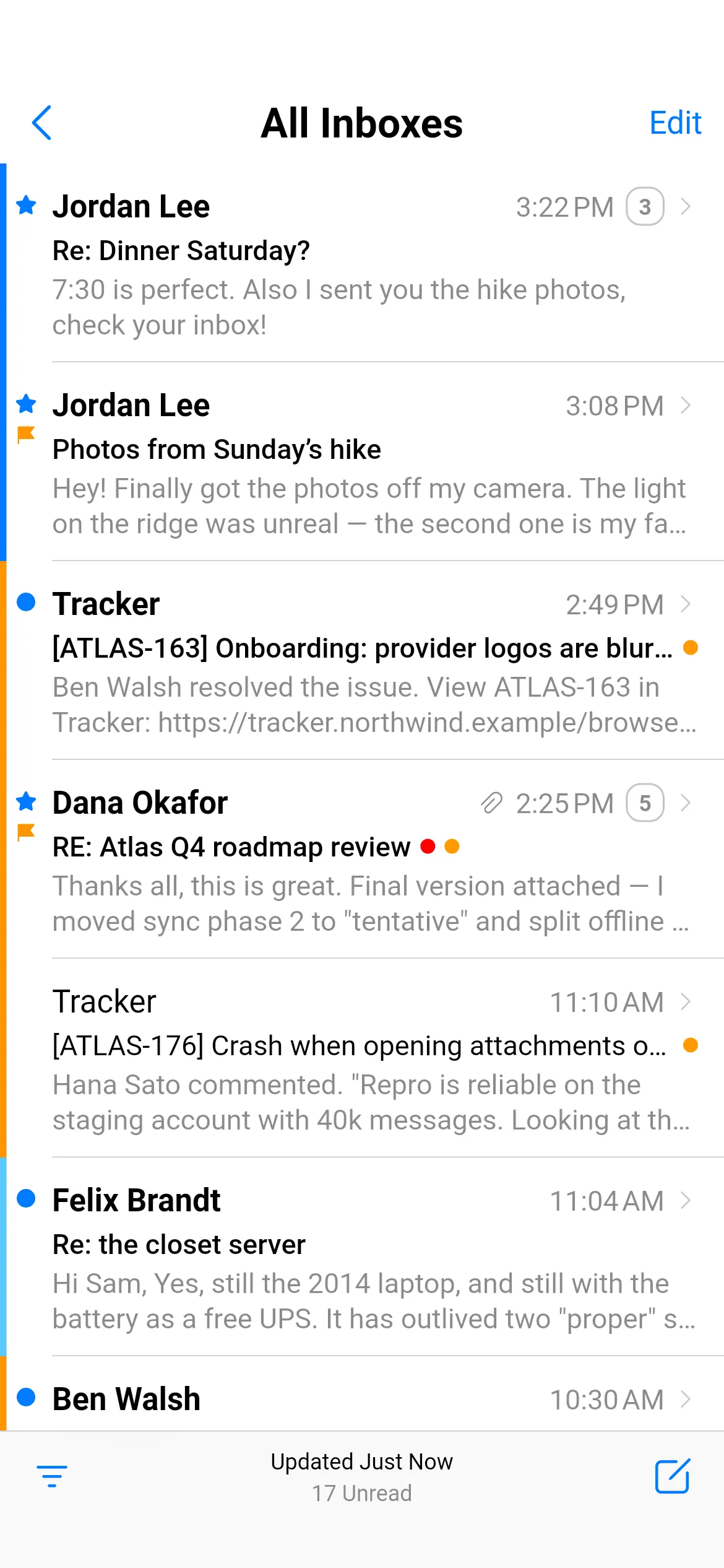 Loupe's All Inboxes list in light mode. Rows from Jordan Lee (Re: Dinner Saturday?, Photos from Sunday’s hike), Tracker, Dana Okafor (RE: Atlas Q4 roadmap review), Felix Brandt and Ben Walsh, each with sender, time, subject and a two-line preview; blue unread dots, VIP stars, orange flags, thread counts and blue, orange and teal account stripes down the left edge. A bottom bar reads Updated Just Now, 17 Unread.