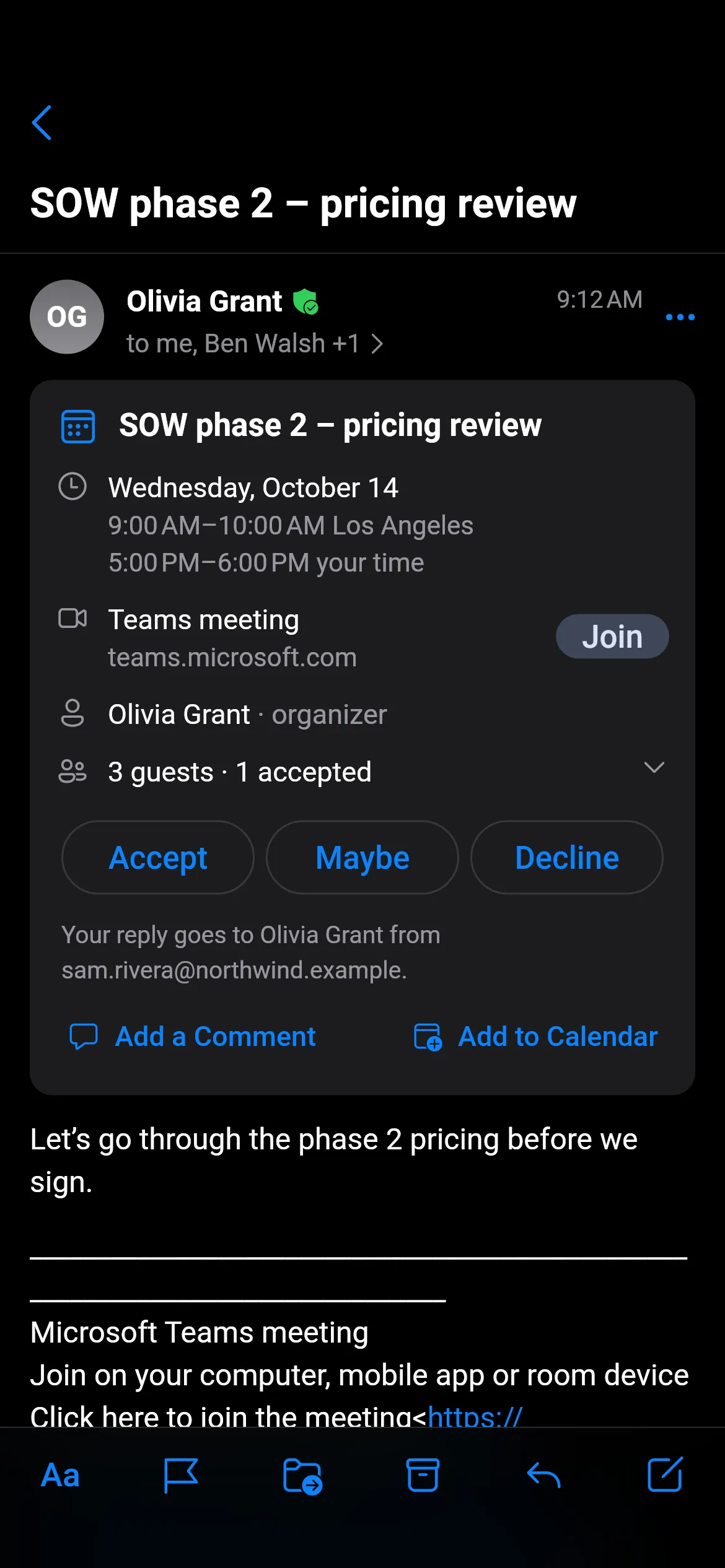 An Outlook meeting invitation in Loupe with the event time in two time zones, a Teams join link and Accept, Maybe and Decline buttons.