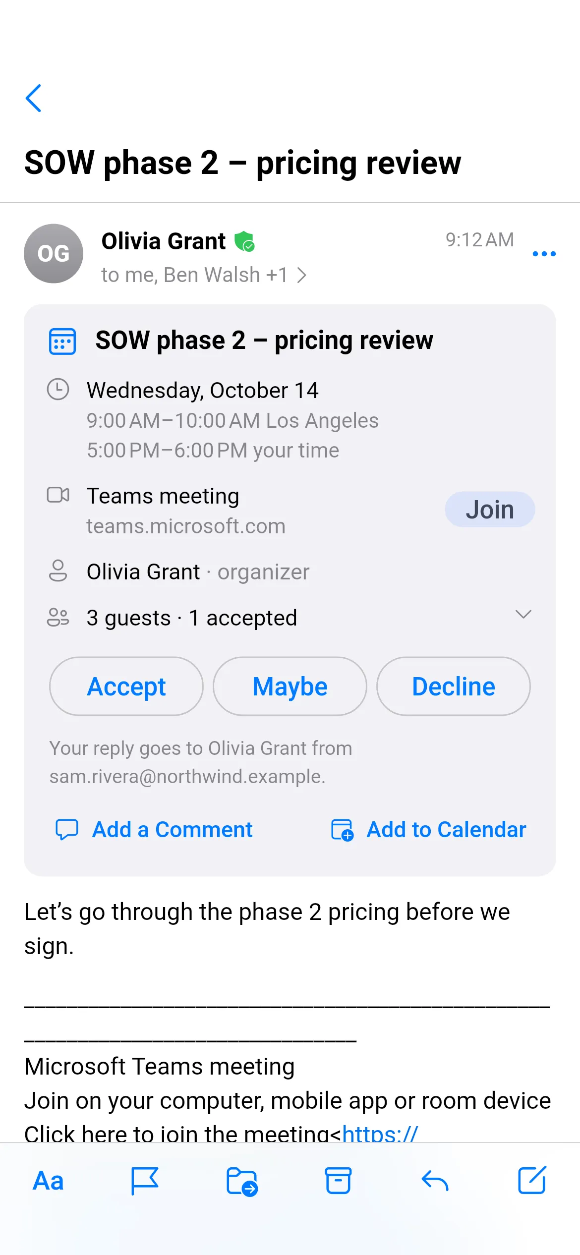 An Outlook meeting invitation in Loupe with the event time in two time zones, a Teams join link and Accept, Maybe and Decline buttons.