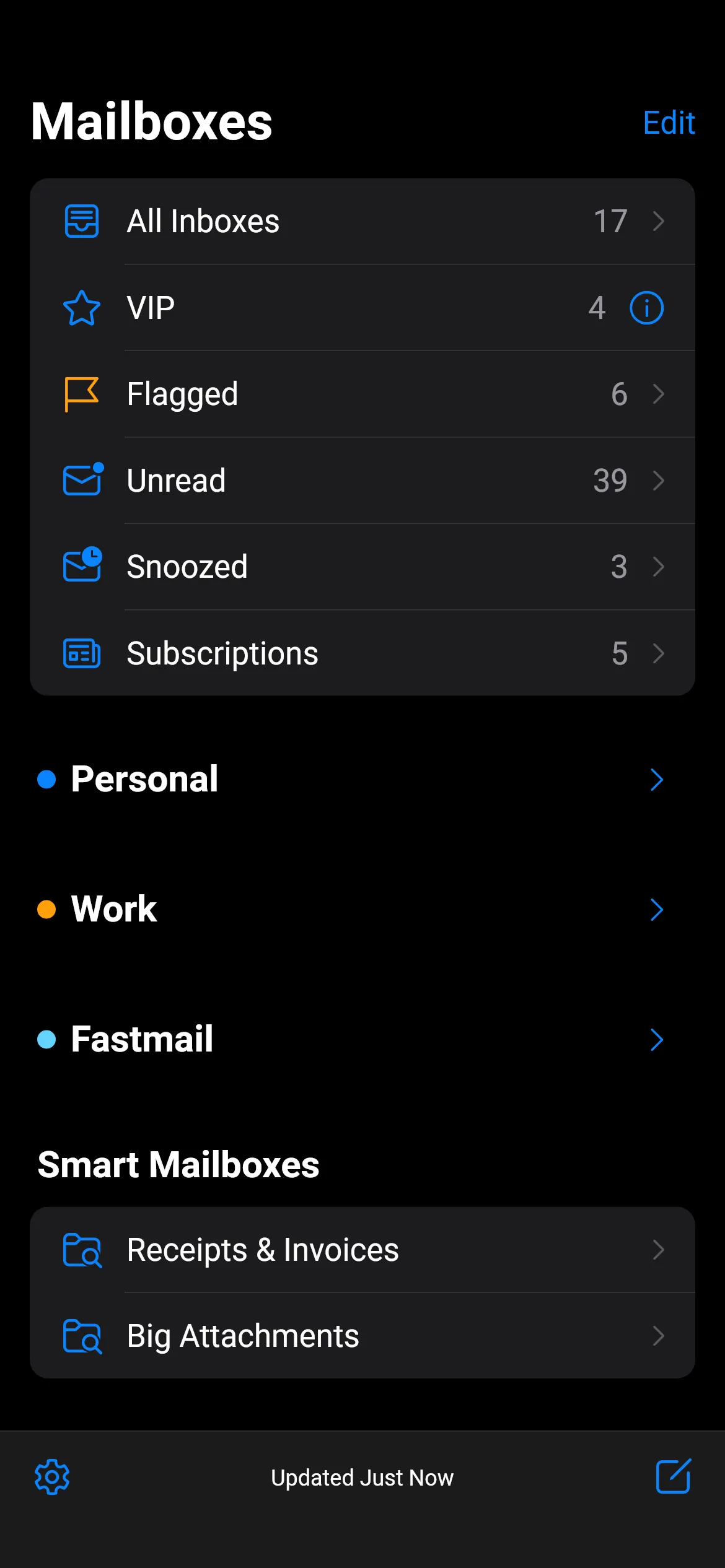 Loupe's Mailboxes screen with accounts folded and two Smart Mailboxes listed.