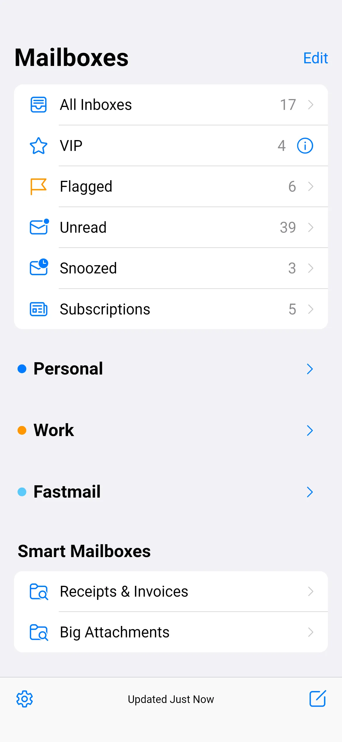 Loupe's Mailboxes screen with accounts folded and two Smart Mailboxes listed.