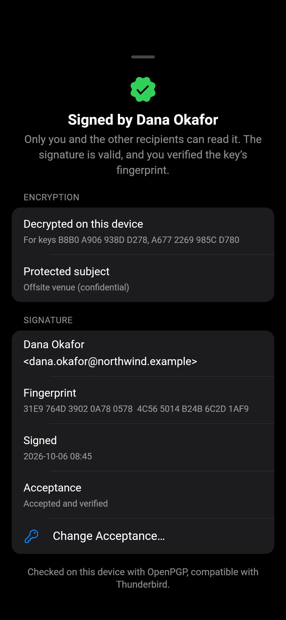 Loupe's 'Signed by Dana Okafor' sheet: decrypted on this device, a protected subject, and the key fingerprint.