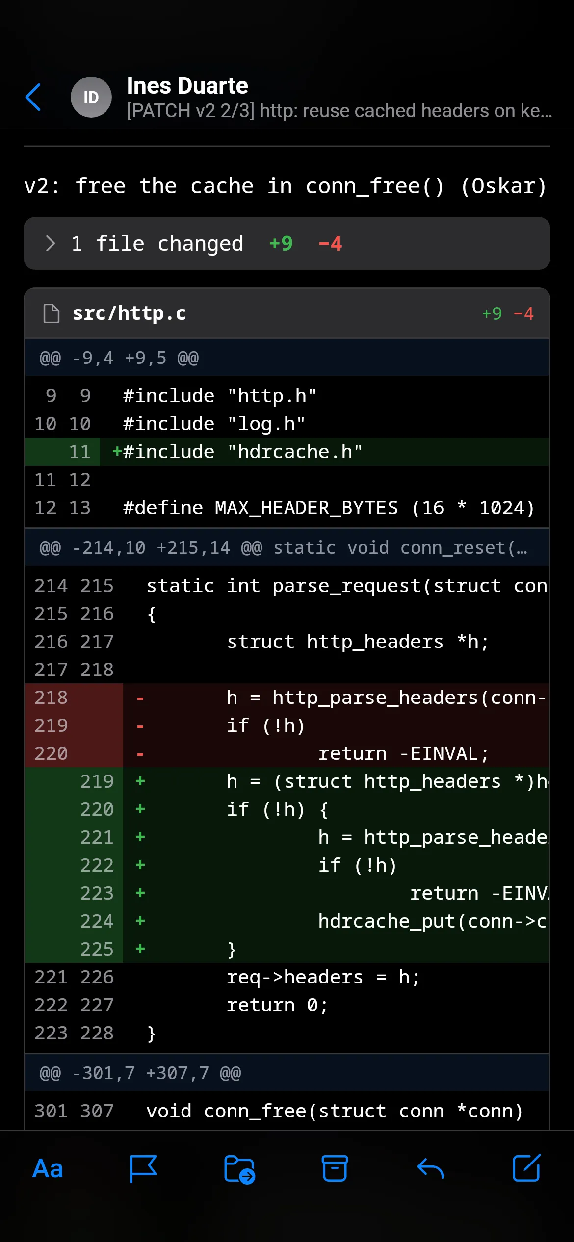 A mailing-list message in Loupe in monospace, with a patch drawn as a red and green diff.