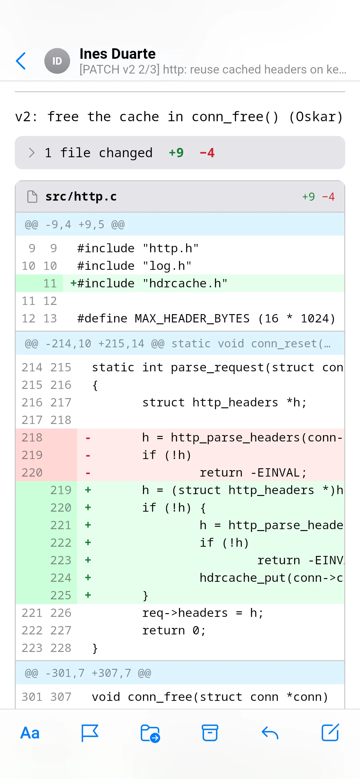 A mailing-list message in Loupe in monospace, with a patch drawn as a red and green diff.
