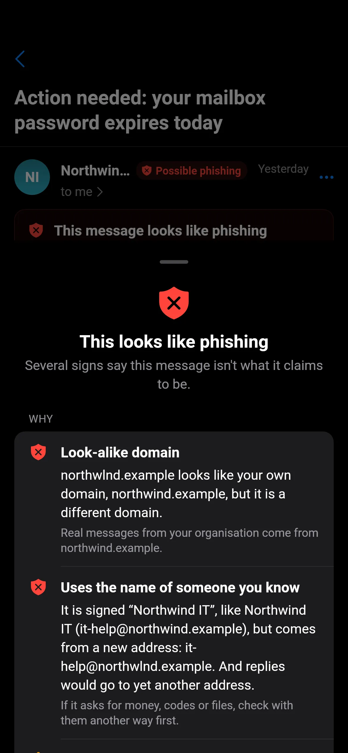 A sheet titled “This looks like phishing” over a message from “Northwind IT” marked Possible phishing. Under WHY it lists “Look-alike domain: northwlnd.example looks like your own domain, northwind.example, but it is a different domain” and “Uses the name of someone you know”, explaining that the sender is new and replies would go to yet another address, with advice to check another way first.