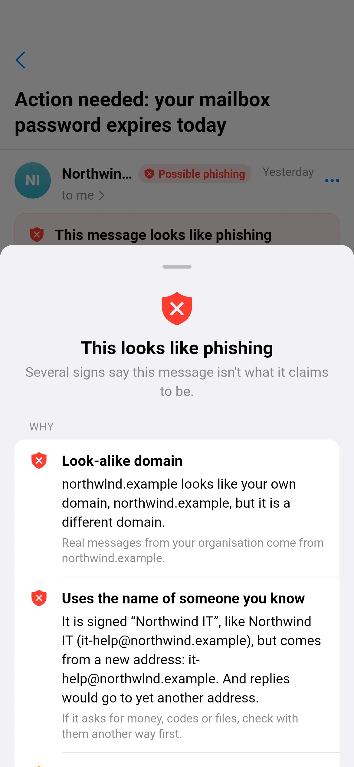 A sheet titled “This looks like phishing” over a message from “Northwind IT” marked Possible phishing. Under WHY it lists “Look-alike domain: northwlnd.example looks like your own domain, northwind.example, but it is a different domain” and “Uses the name of someone you know”, explaining that the sender is new and replies would go to yet another address, with advice to check another way first.