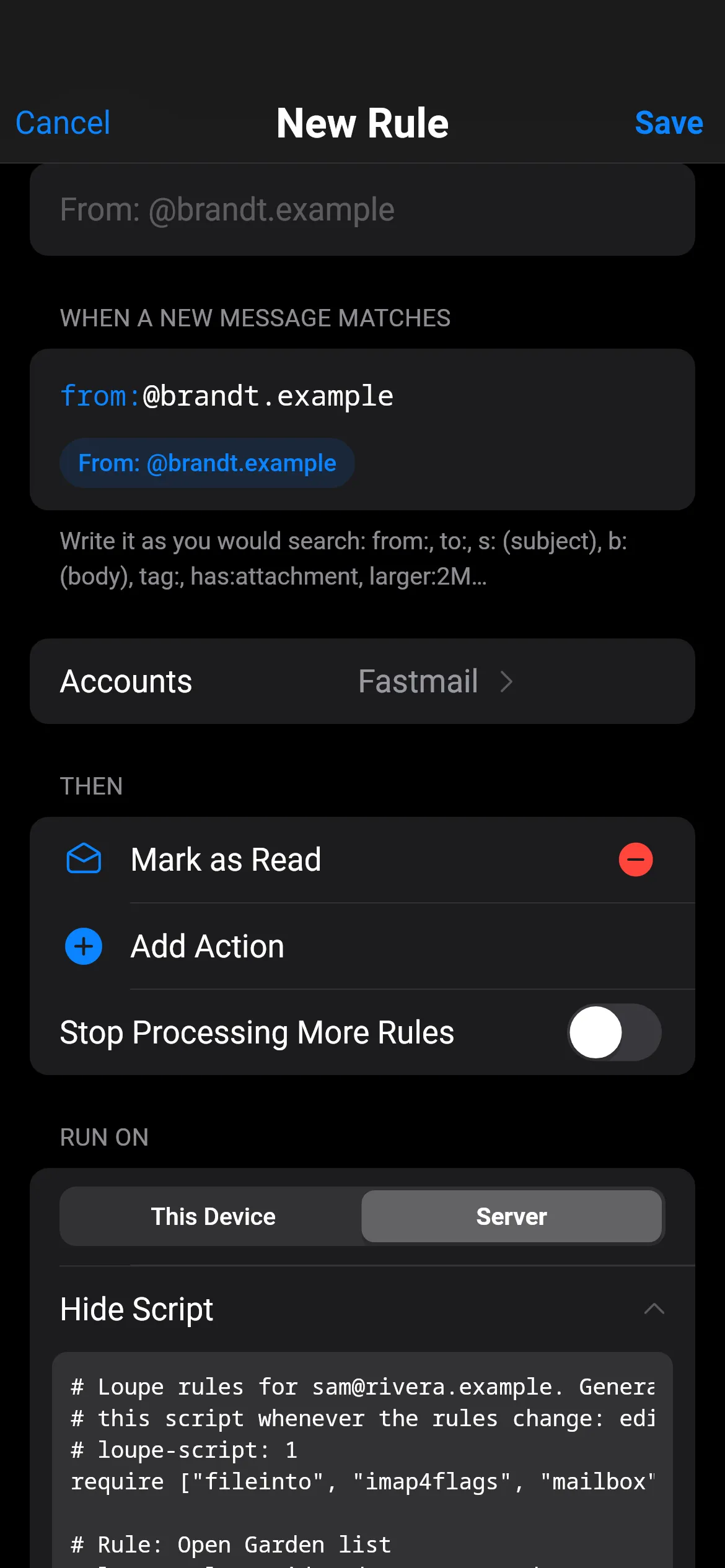 Loupe's New Rule editor: a search-style condition, the Mark as Read action, Run On Server switched on and the generated Sieve script.
