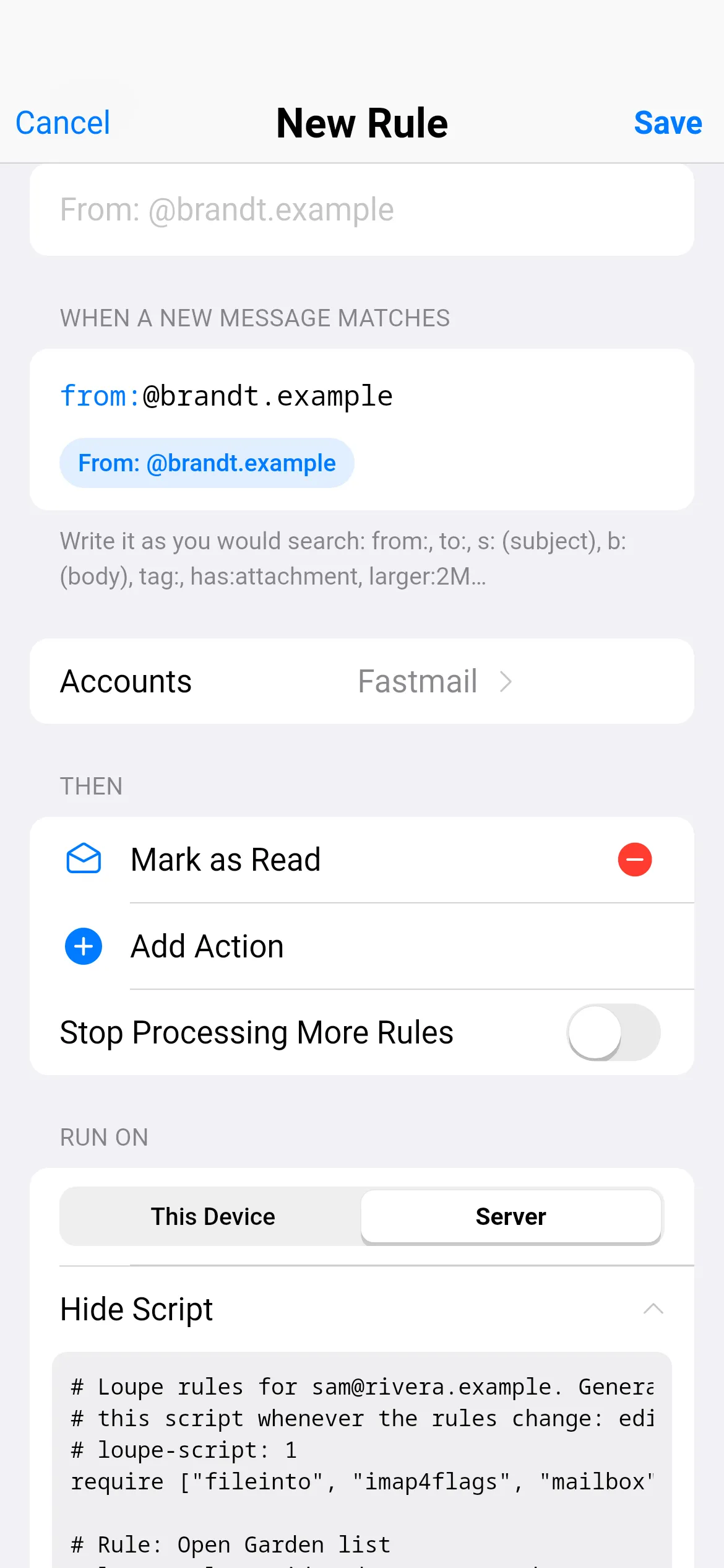 Loupe's New Rule editor: a search-style condition, the Mark as Read action, Run On Server switched on and the generated Sieve script.