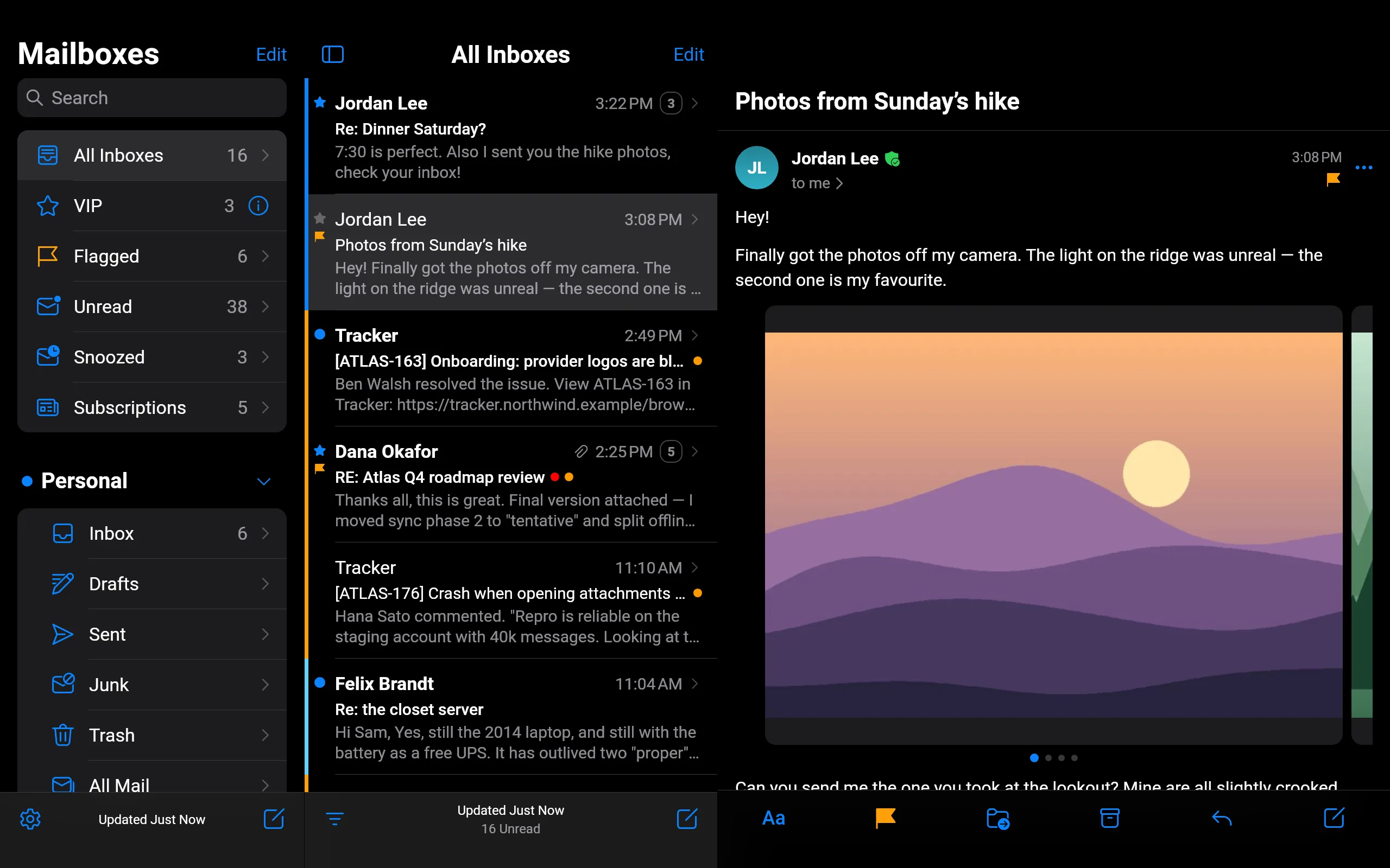 Loupe on a tablet in landscape: mailboxes on the left, All Inboxes in the middle and a message with a photo carousel on the right.