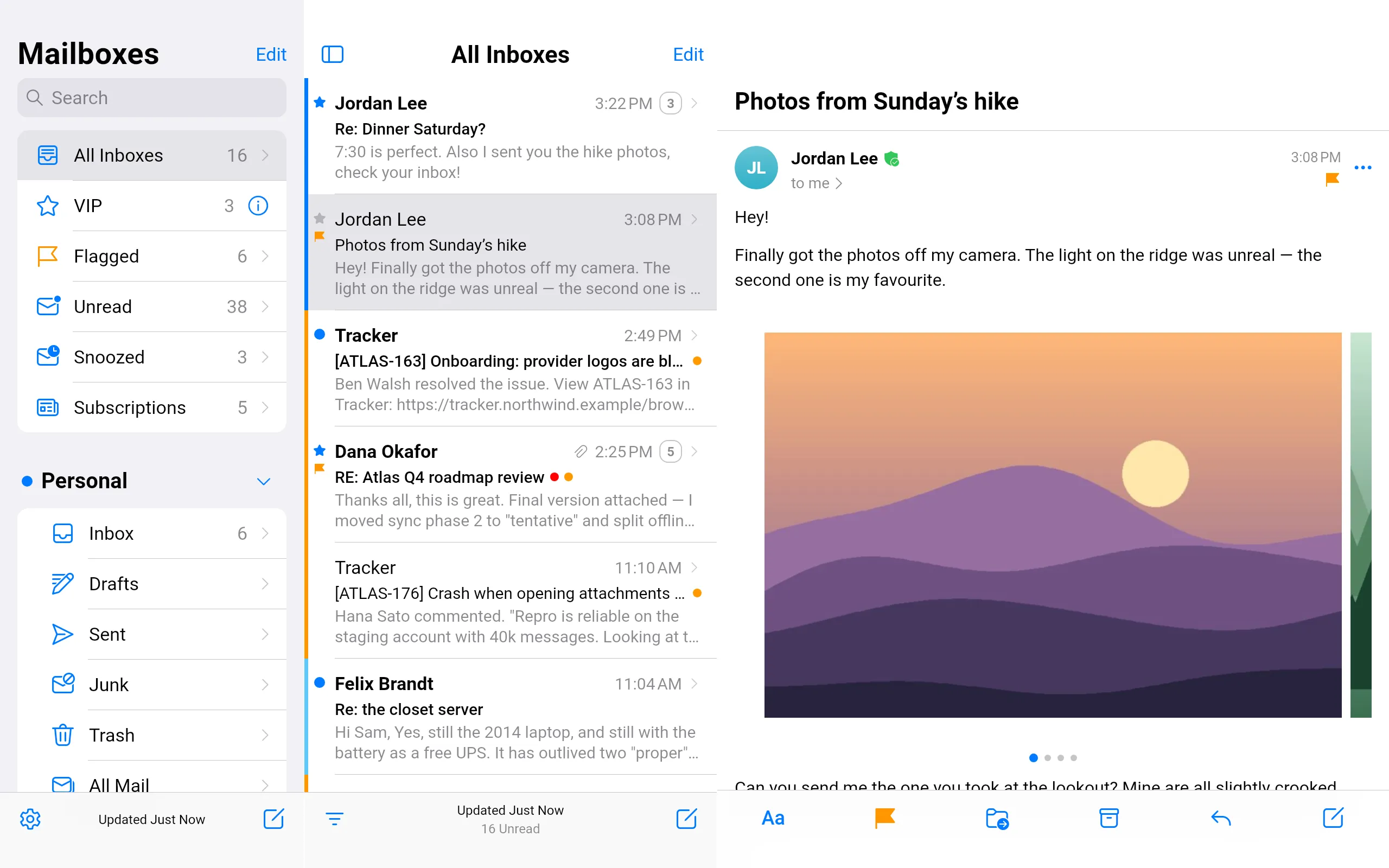 Loupe on a tablet in landscape: mailboxes on the left, All Inboxes in the middle and a message with a photo carousel on the right.
